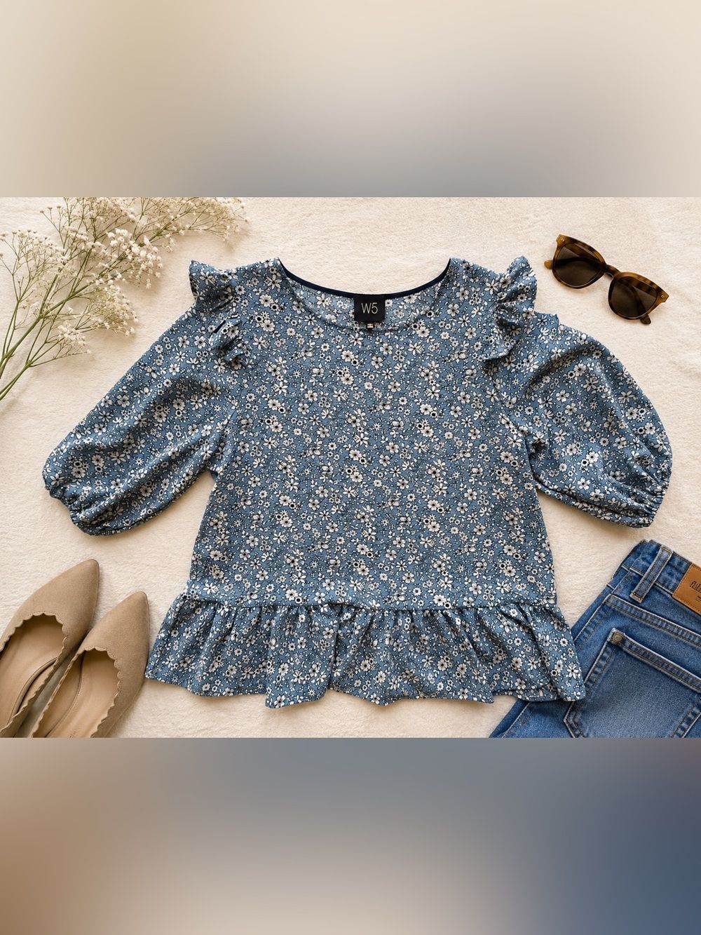W5 Blue Floral Peplum Blouse Ruffle Sleeve Top Women’s Size L